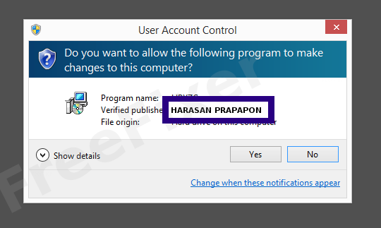 Screenshot where HARASAN PRAPAPON appears as the verified publisher in the UAC dialog